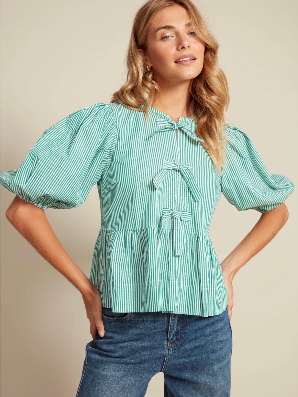 RD Style Mint-Striped Puff Sleeve Tie-Front Peplum Top